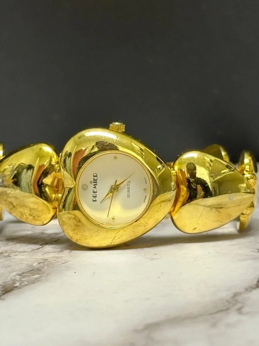 Vintage Heart Watch Women Gold Tone White Dial Chunky Statement 6.75
